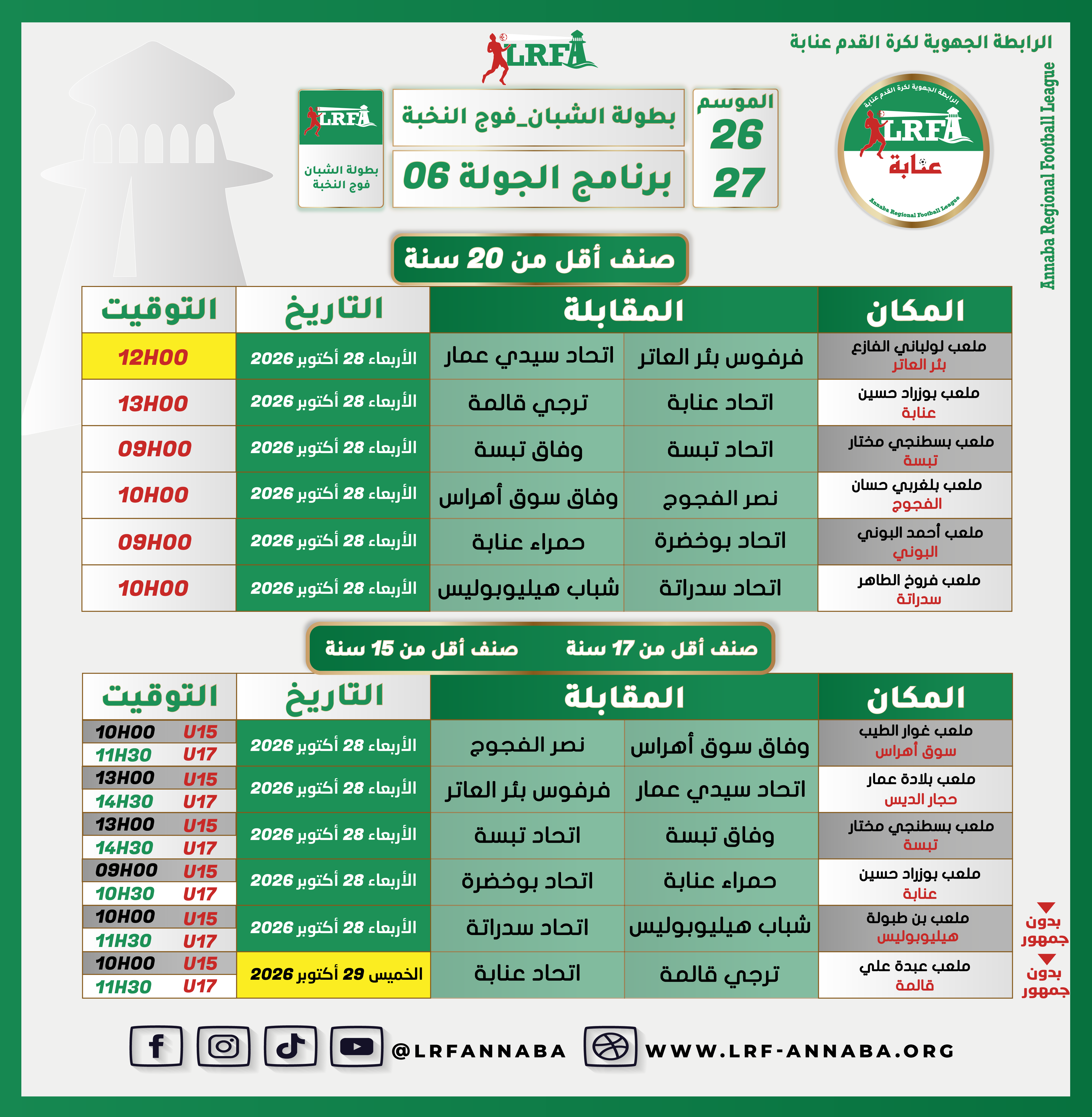 تعديل مباراة فرفوس بئر العاتر و إتحاد سيدي عمار صنف أقل من 20 سنة تلعب على الساعة الــ12:00